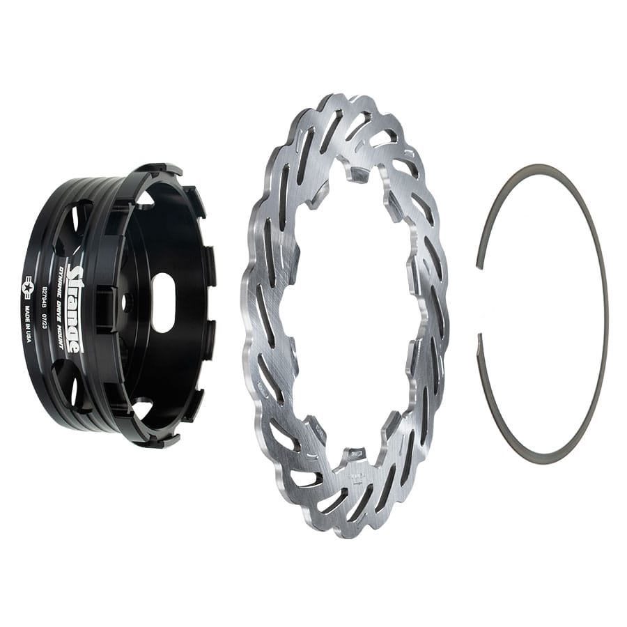 Strange Evolution Dynamic Drive Mount Front Brake Kit | For Strange Aluminum Struts – 4 3/4″ BC | Evolution S Rotors, 4 Piston Billet Evolution 4 Calipers | With DTC-30 Semi Metallic Pads