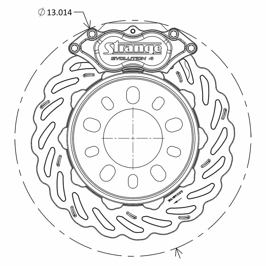 Strange Evolution Dynamic Drive Mount Front Brake Kit | For Strange Aluminum Struts – 4 3/4″ BC | Evolution S Rotors, 4 Piston Billet Evolution 4 Calipers | With DTC-30 Semi Metallic Pads