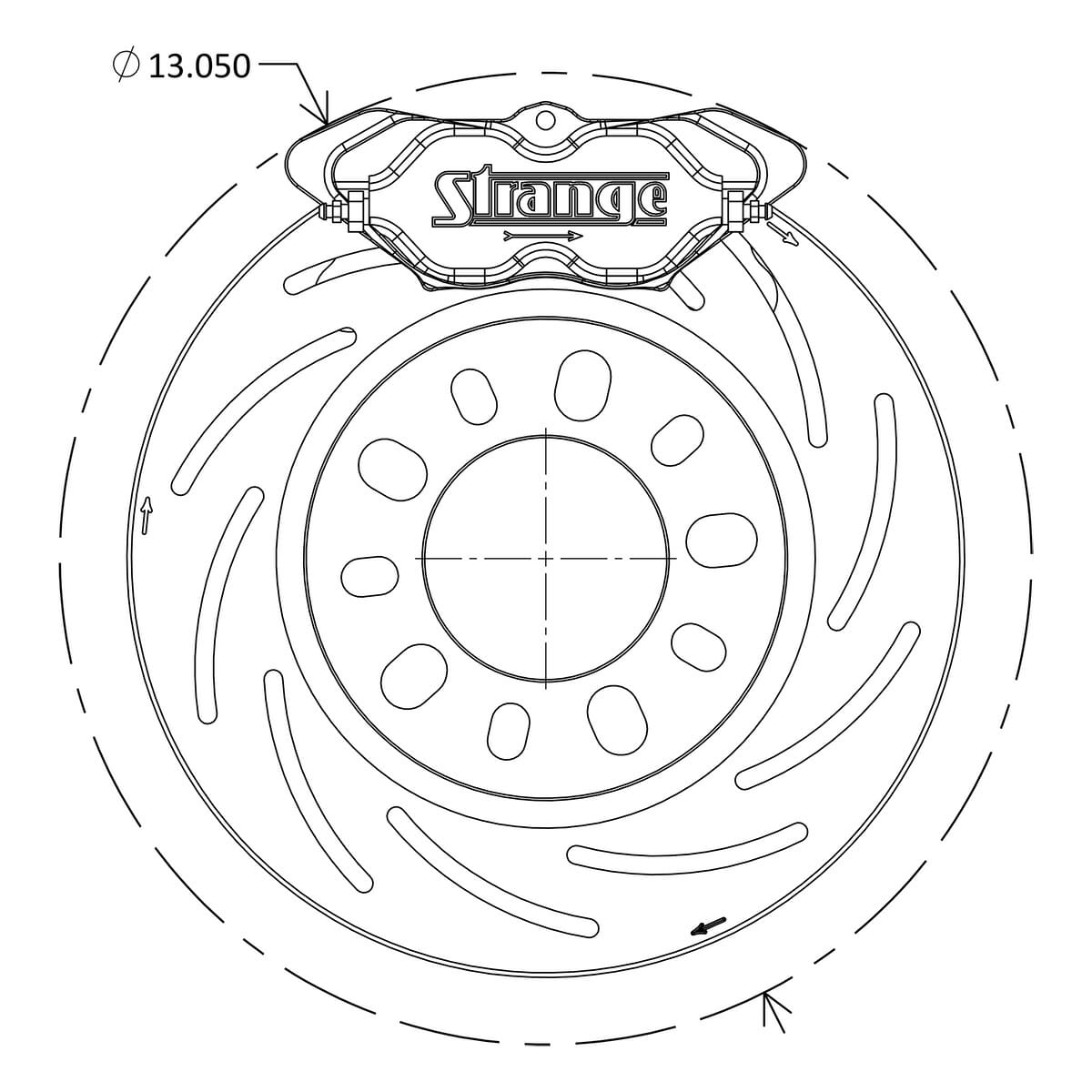 Strange Pro Series Rear Brake Kit | For 05-14 Mustang OEM Ends | 1 Pc Rotors, 4 Piston Calipers & DRM-35 Metallic Pads